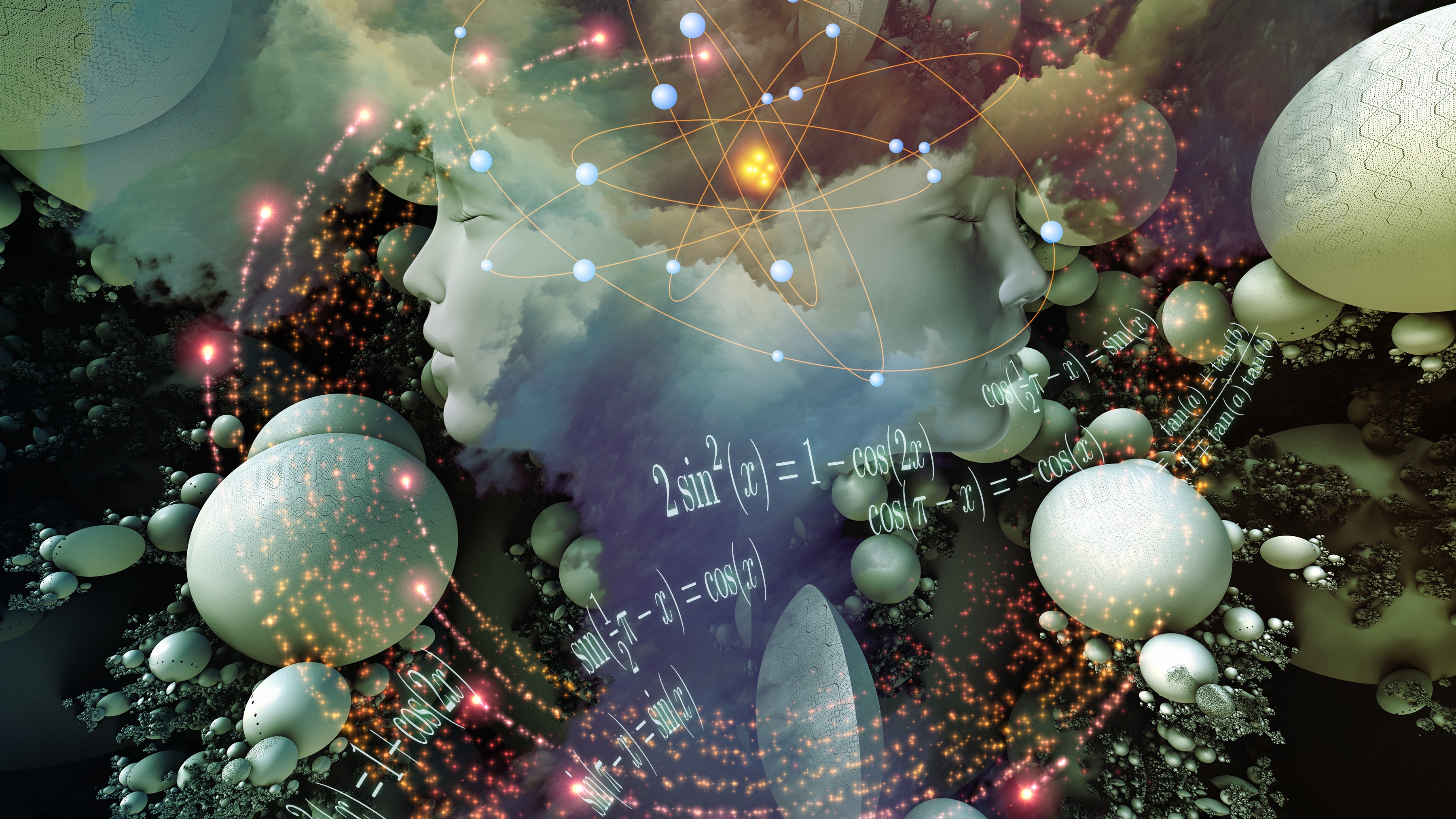 An illustration with two human faces surrounded by mathematical equations, orbs and physics inspired graphics.