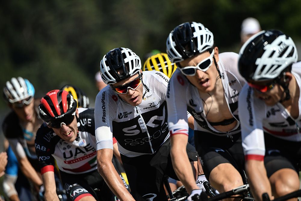 Team Sky's Chris Froome and Geraint Thomas on the climb to La Rosiere
