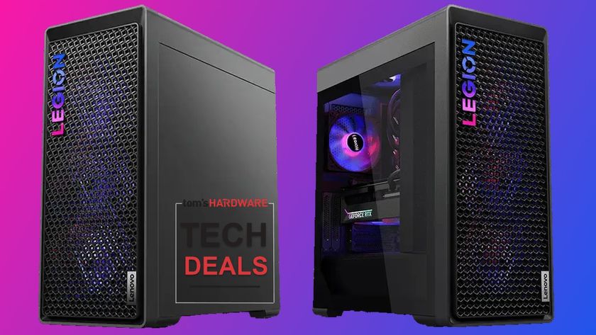 Two front angles of the Lenovo Legion Tower 7i gaming PC.