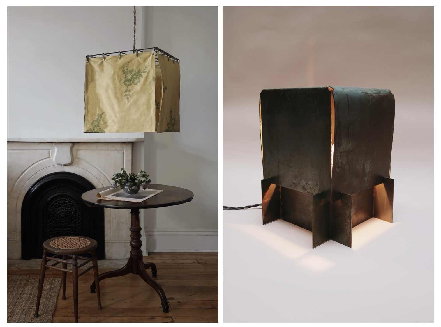 A series of sculptural lights made, either, from fabric and hanging from the ceiling, or cast from bronze and positioned on a white, bare surface, sit side by side in an image composit.