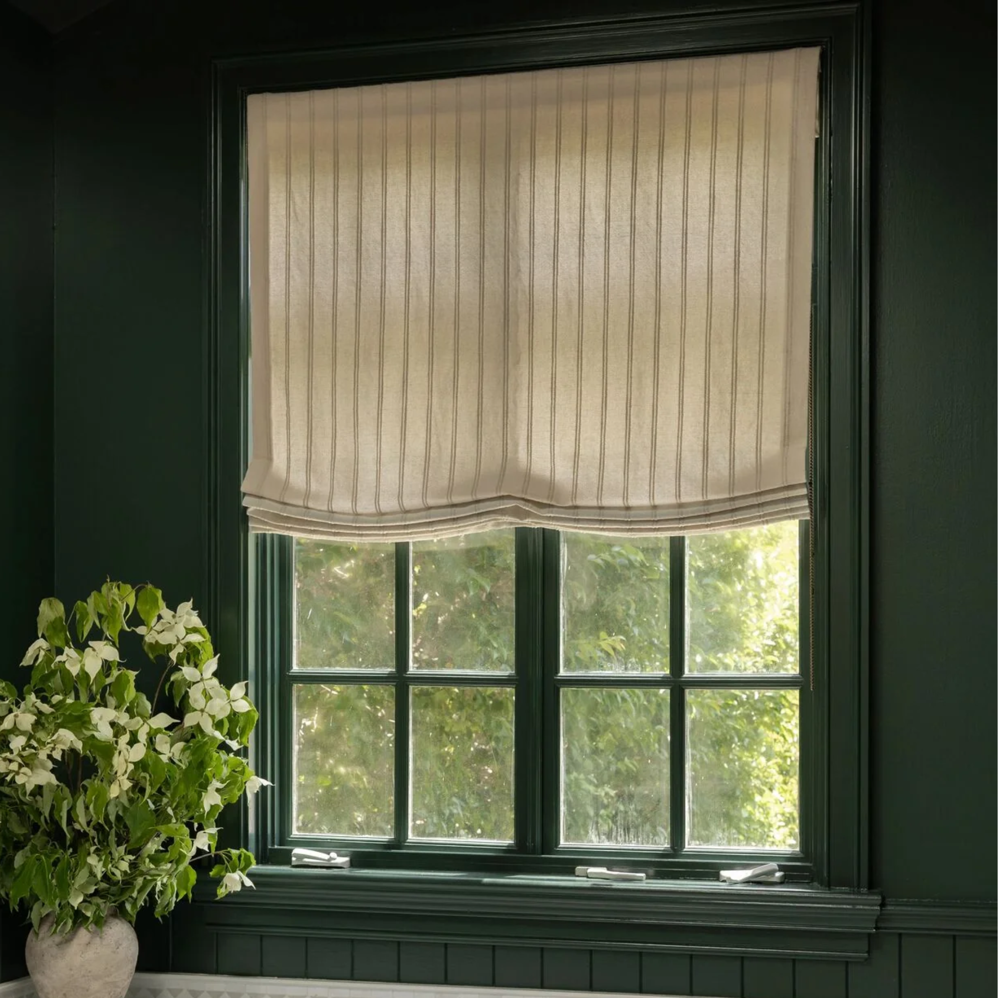a window with a roman shade in a room painted green