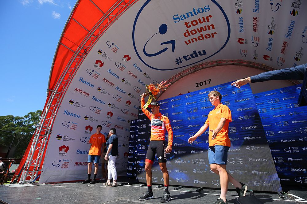 Caleb Ewan on the podium for stage 4 at the Tour Down Under