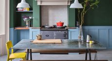 Green and blue dining room by Farrow & Ball