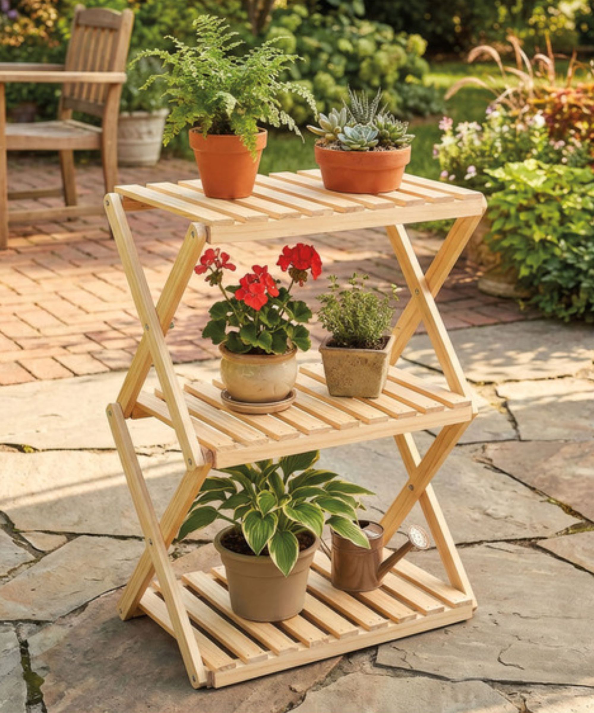 Slatted wooden plant stand