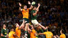  Izack Rodda of the Wallabies wins lineout ball against Eben Etzebeth of South Africa during The Rugby Championship match between the Australian Wallabies and the South Africa Springboks at Suncorp Stadium on September 18, 2021