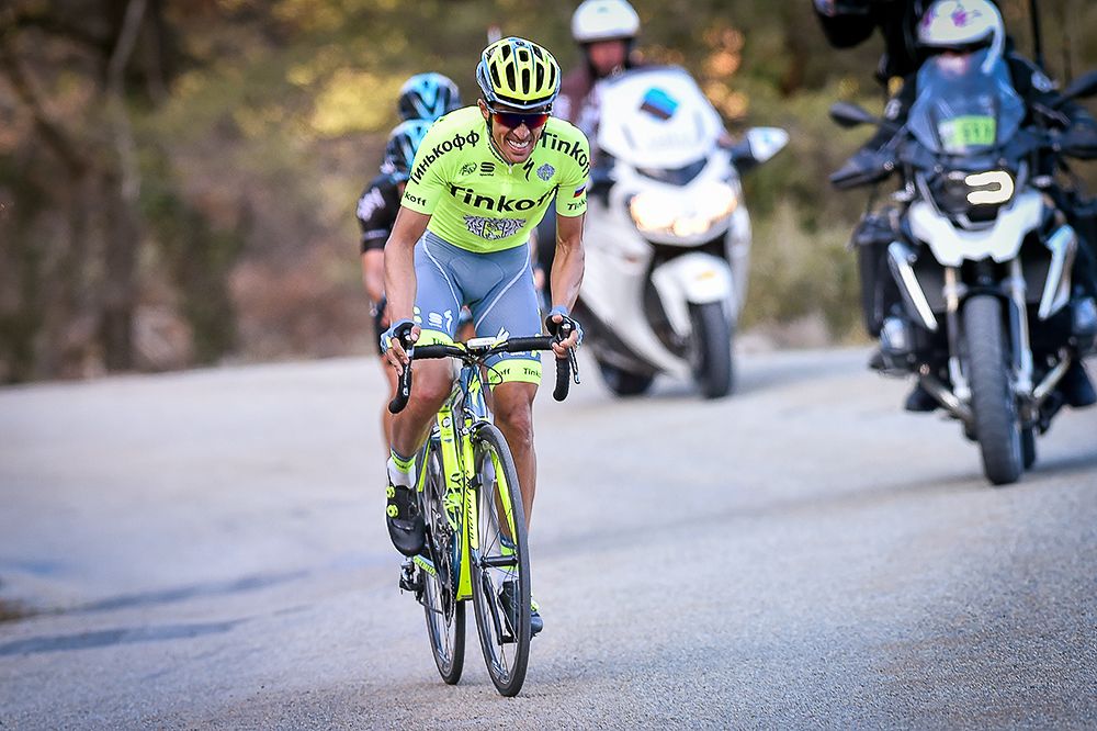 Alberto Contador attacks the lead group near the end of stage 6 at Paris-Nice.