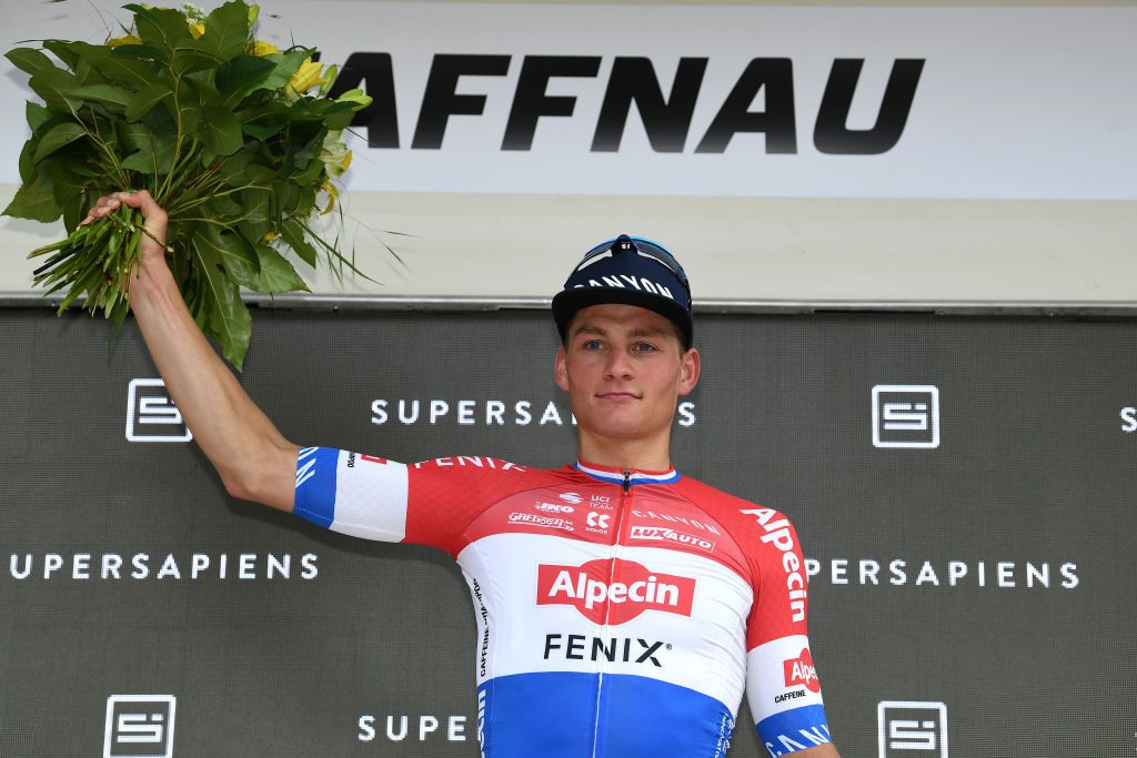 PFAFFNAU SWITZERLAND JUNE 08 Mathieu Van Der Poel of Netherlands and Team AlpecinFenix celebrates at podium during the 84th Tour de Suisse 2021 Stage 3 a 185km stage from Lachen to Pfaffnau 509m UCIworldtour tds tourdesuisse on June 08 2021 in Pfaffnau Switzerland Photo by Tim de WaeleGetty Images