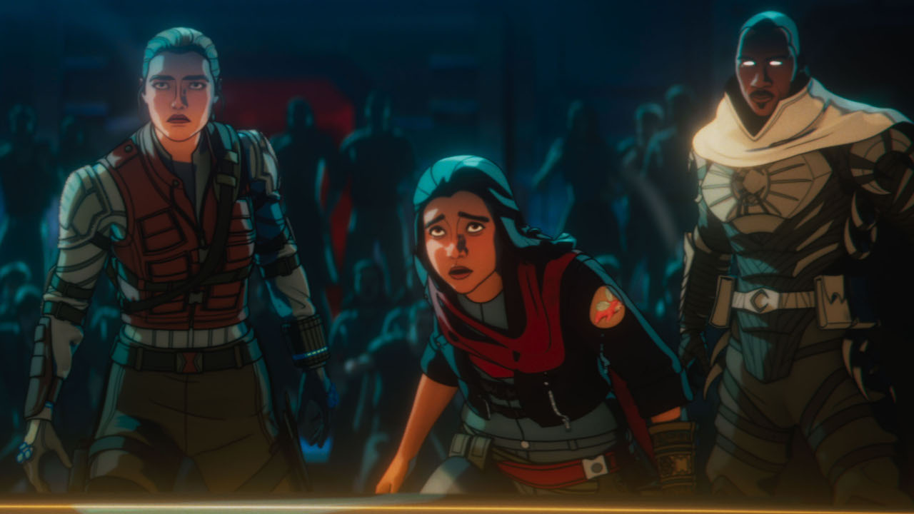 Yelena Belova, Kamala Khan and Blade look at Namor in Marvel Zombies.