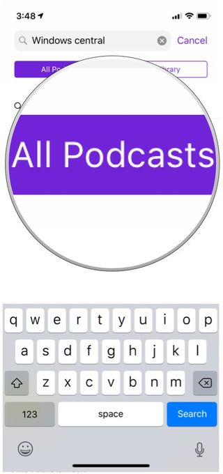 Apple Podcasts search view all podcasts selected
