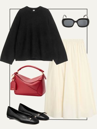 Arket jumper, M&S skirt, Jimmy Choo ballet pumps, Loewe bag, Celine sunglasses