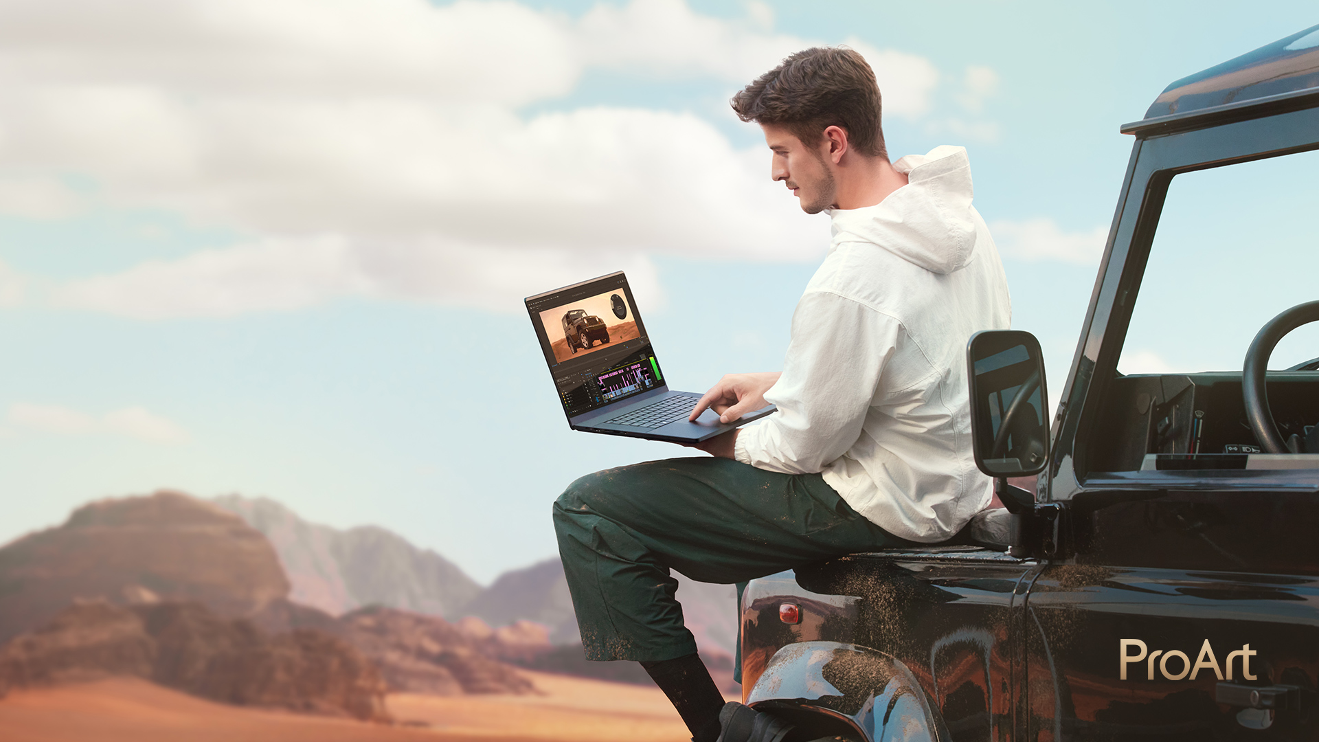 Man leaning casually against a car while using the ASUS ProArt P16 laptop outdoors