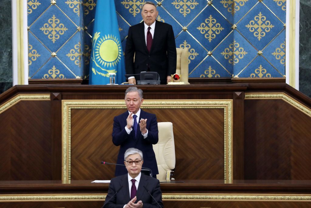 Kazakhstan&amp;#039;s new president (bottom) and old president (top) at inauguration