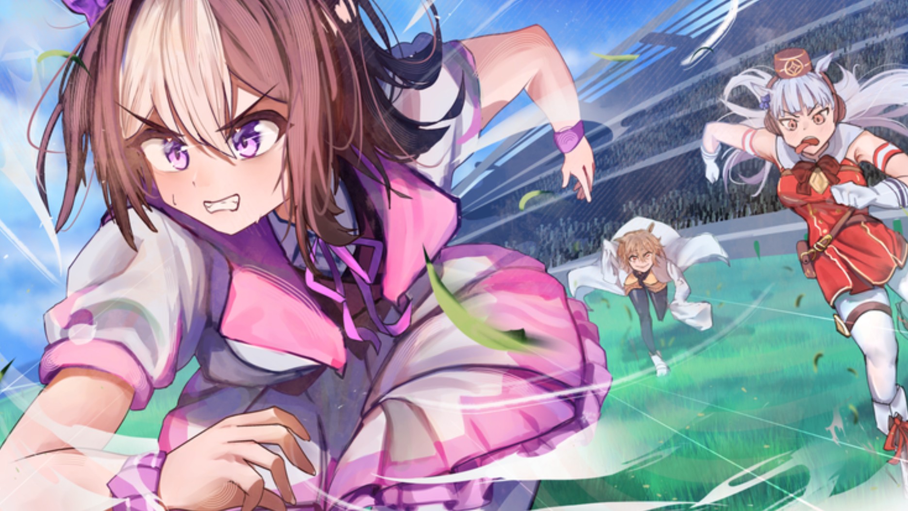 Three anime girls with horse ears race on a grass track.