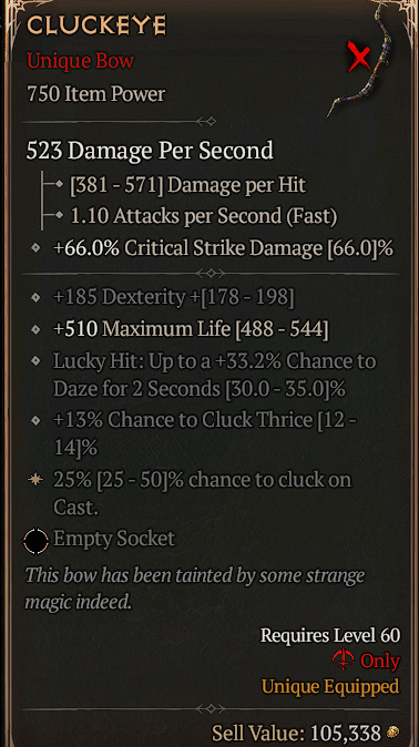 A screenshot of an April Fool's Day item in Diablo 4. A bow named Cluckeye that gives you a chance to cluck thrice and a chance to cluck on cast.
