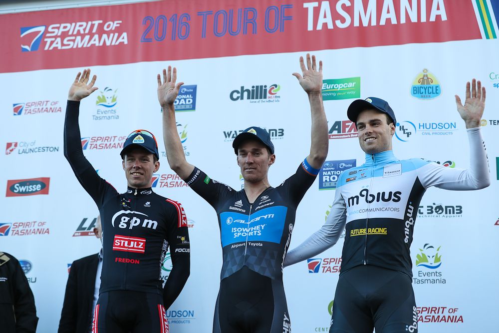 Cameron Ivory, Anthony Giacoppo and Peter Livingstone on the Tour of Tasmania prologue podium.