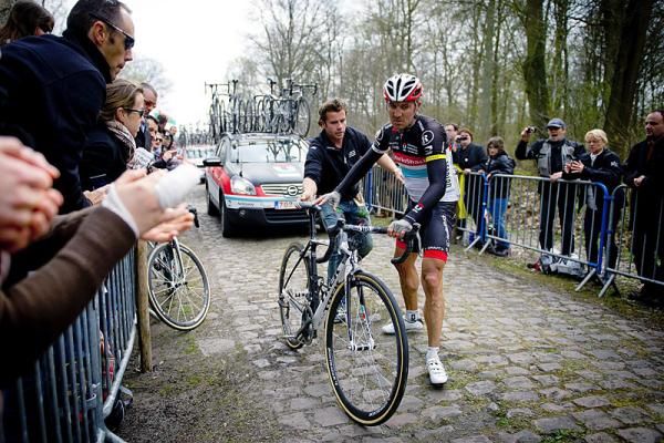 Action in the feared Arenberg forest sector of cobbles.