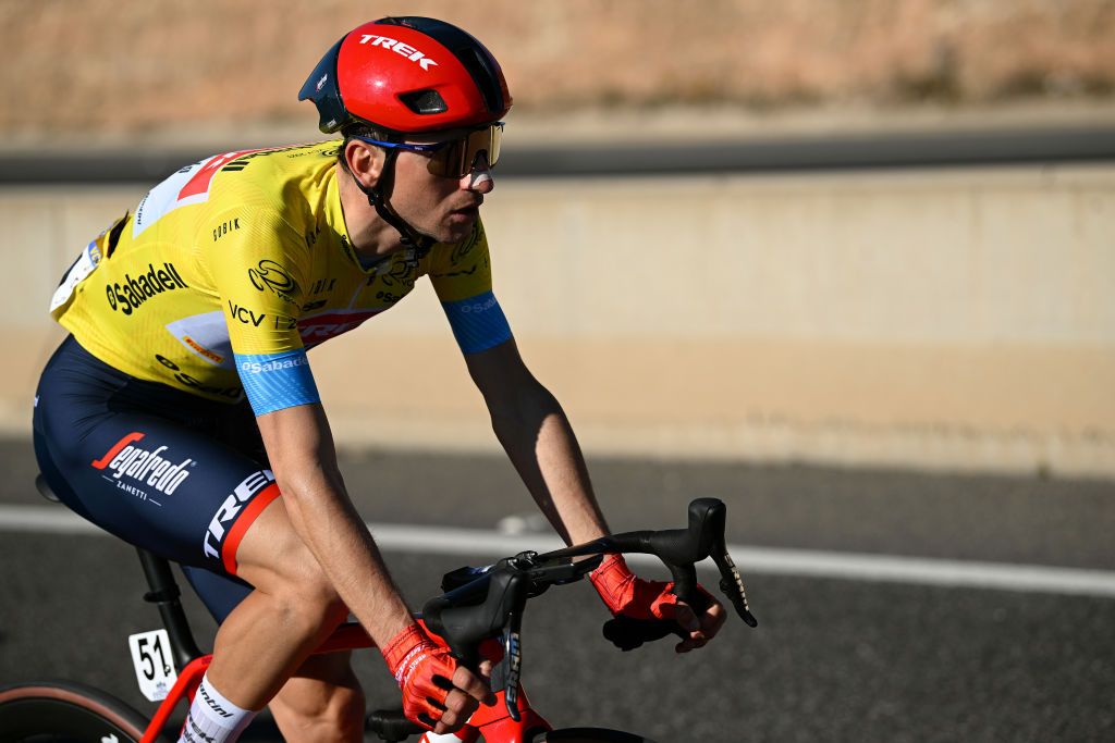 SAGUNTO SPAIN FEBRUARY 03 Giulio Ciccone of Italy and Team Trek Segafredo Yellow Leader Jersey competes during the 74th Volta a la Comunitat Valenciana 2023 Stage 3 a 1451km stage from Btera to Sagunto VCV2023 VoltaValenciana on February 03 2023 in Sagunto Spain Photo by Dario BelingheriGetty Images