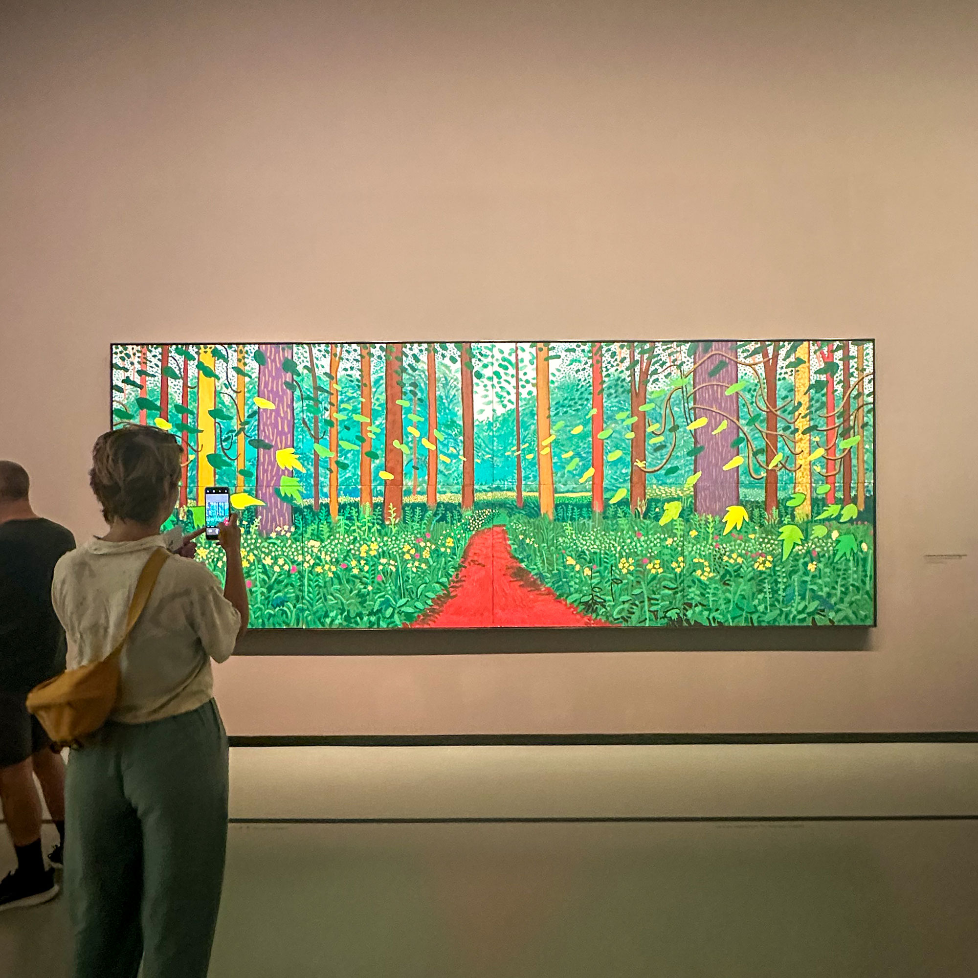 Woman looking at Hockney painting in gallery