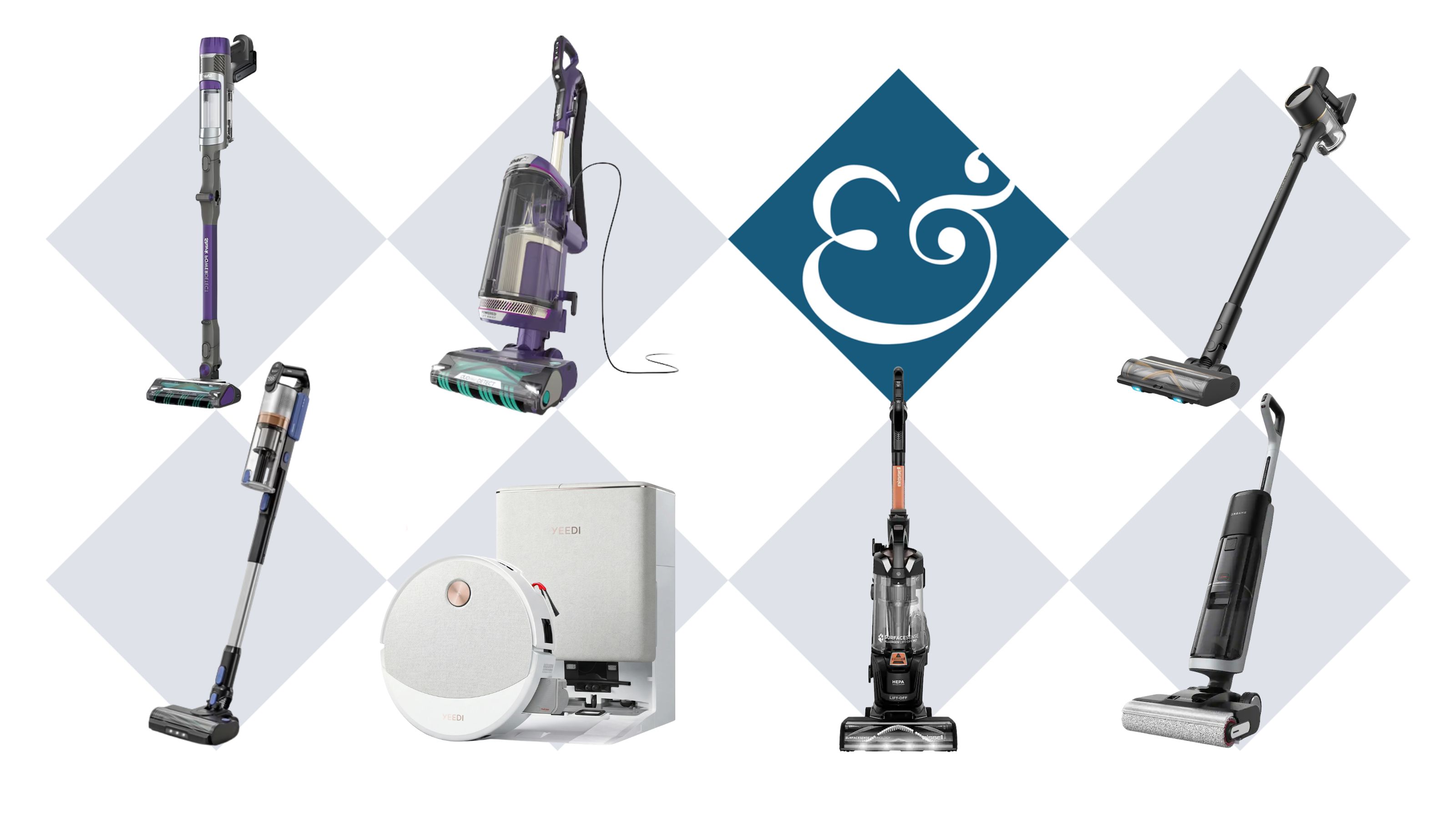 seven cut out vacuum images sitting on top of a gray dimaond, H&amp;G '&amp;' logo sitting in the third diamond