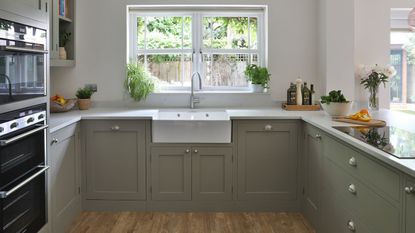 A farmhouse kitchen sink under a window in a sage green kitchen