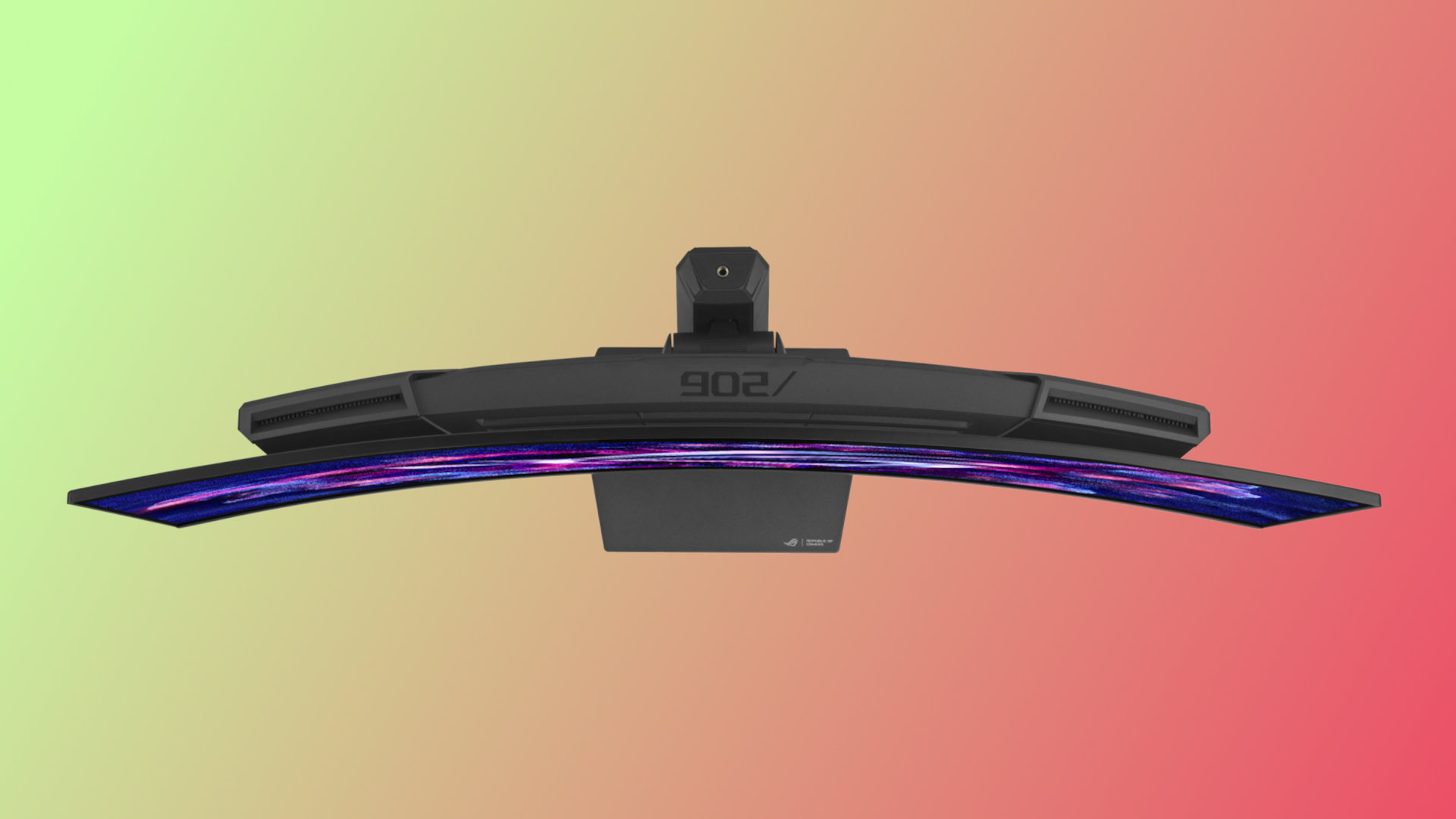 A bird's eye view of the Asus ROG Strix XG34WCDG gaming monitor, showing the curvature of the display panel