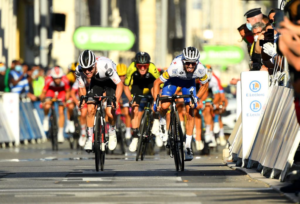 NICE FRANCE AUGUST 30 Sprint Arrival Julian Alaphilippe of France and Team Deceuninck QuickStep Celebration Marc Hirschi of Switzerland and Team Sunweb Adam Yates of The United Kingdom and Team Mitchelton Scott during the 107th Tour de France 2020 Stage 2 a 186km stage from Nice Haut Pays to Nice TDF2020 LeTour on August 30 2020 in Nice France Photo by Stuart FranklinGetty Images