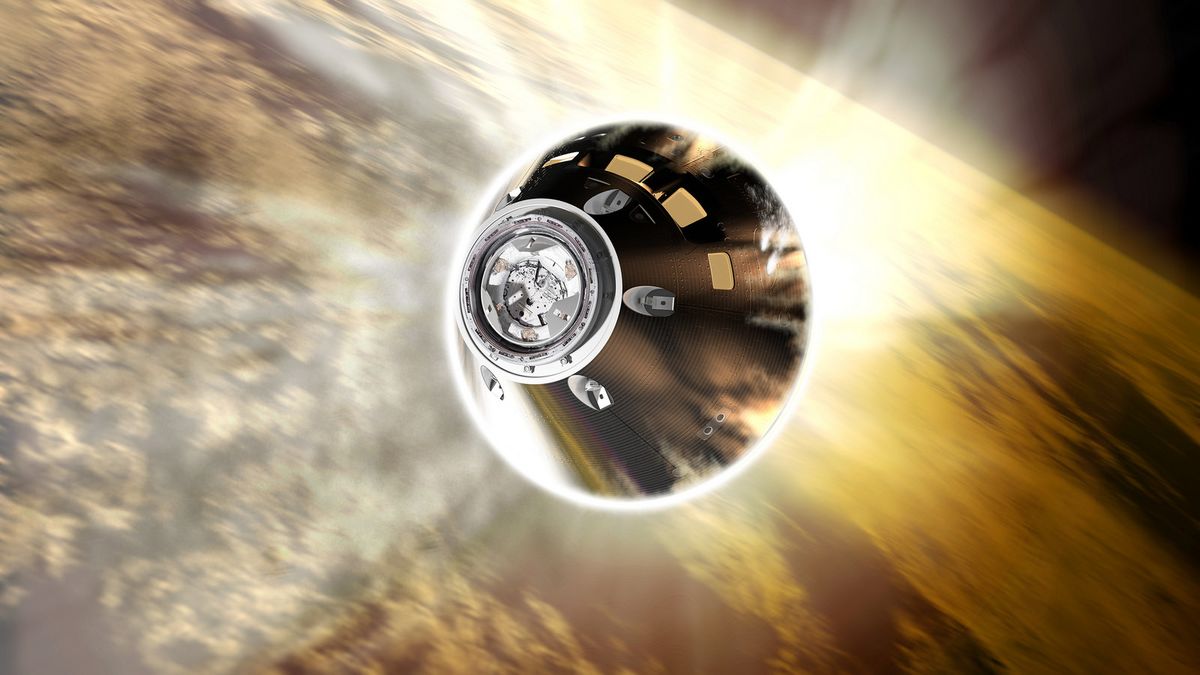 illustration of a conical space capsule blazing through Earth&#039;s atmosphere