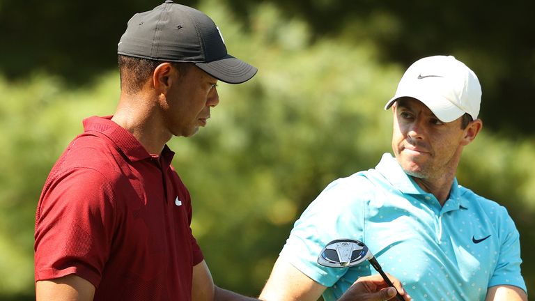 Tiger Woods and Rory McIlroy during the 2020 Northern Trust at TPC Boston