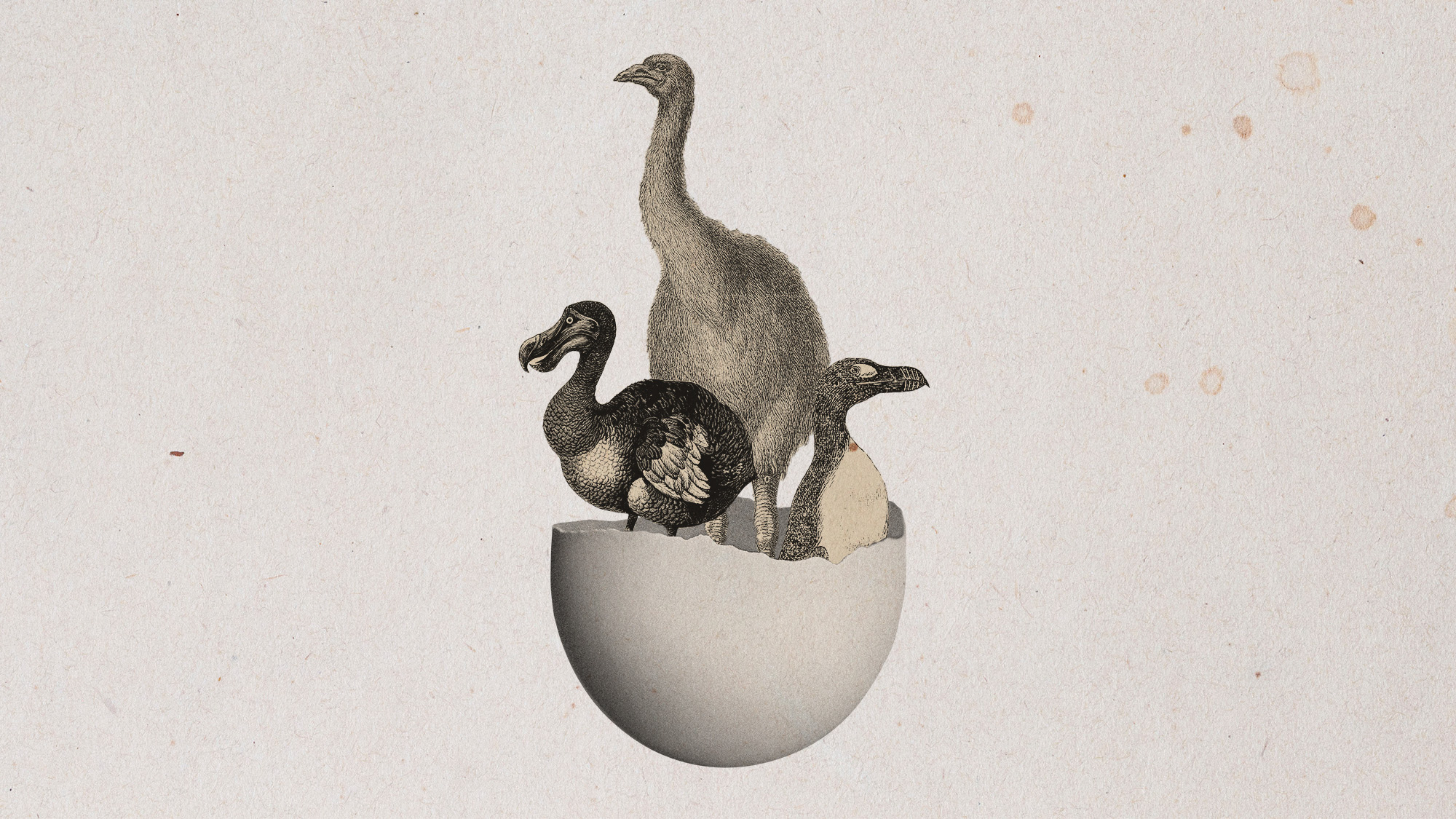 Illustrative collage of three extinct birds (a great auk, a dodo and a moa) coming out of a cracked eggshell