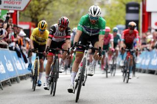 ZAMUDIO SPAIN APRIL 07 Julian Alaphilippe of France and Team QuickStep Alpha Vinyl green points jersey crosses the finishing line in second place during the 61st Itzulia Basque Country 2022 Stage 4 a 1856km stage from VitoriaGasteiz to Zamudio itzulia WorldTour on April 07 2022 in Zamudio Spain Photo by Gonzalo Arroyo MorenoGetty Images