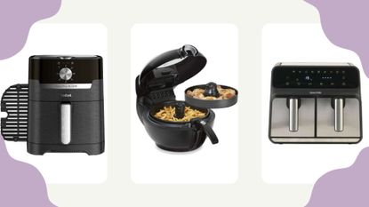 A composite image of three of the best Black Friday air fryer deals, on a white background with purple graphics.