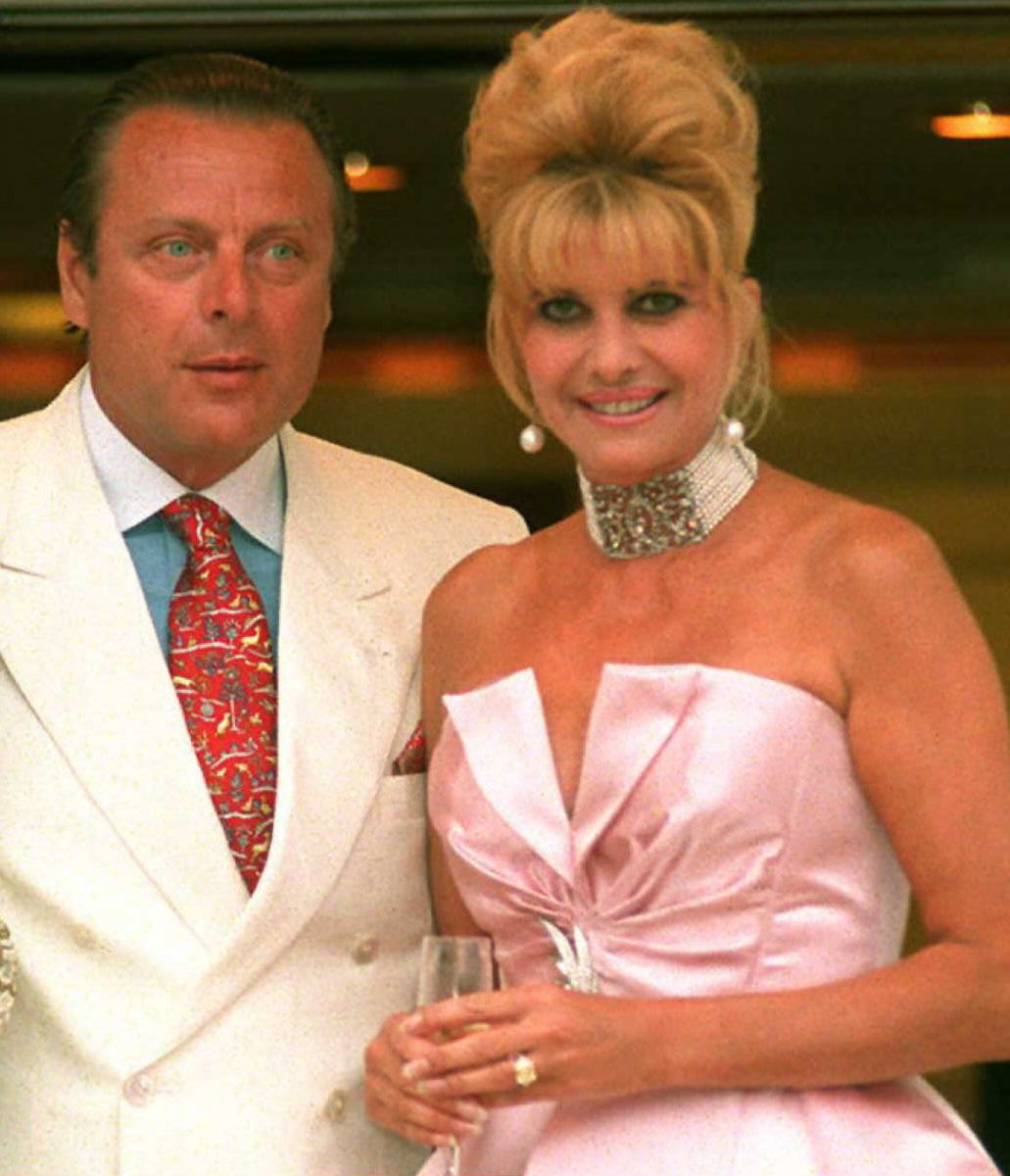 Ricardo Mazzuccelli, in a white linen suit, and Ivana Trump, in a pink silk, strapless dress, standing next to eachother