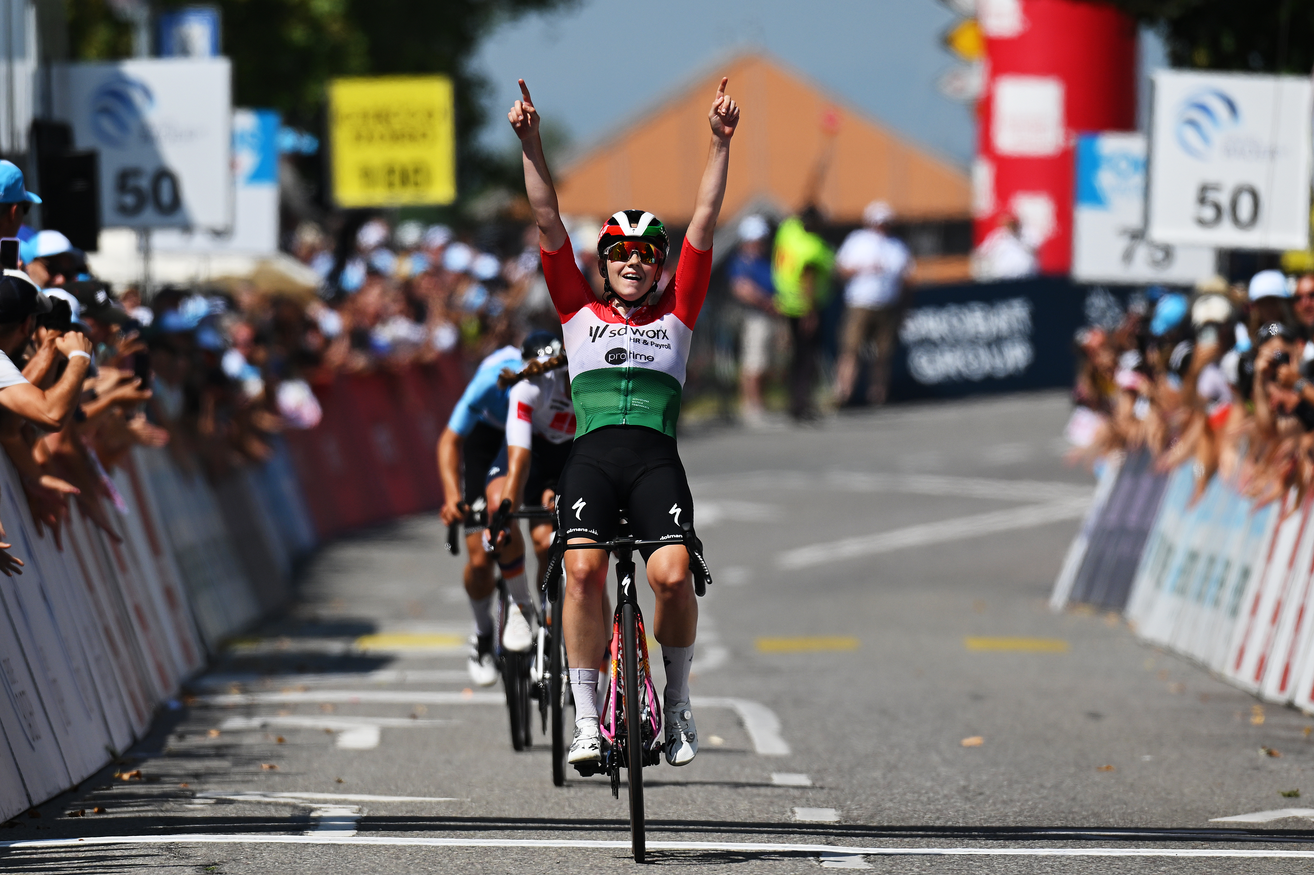 AIGLE, SWITZERLAND - AUGUST 17: Blanka Vas of Hungary and Team SD Worx - Protime celebrates at finish line as stage winner during the 4th Tour de Romandie Feminin 2025, Stage 3 a 122.1km stage from Aigle to Aigle / #UCIWWT / on August 17, 2025 in Aigle, Switzerland. (Photo by Dario Belingheri/Getty Images)