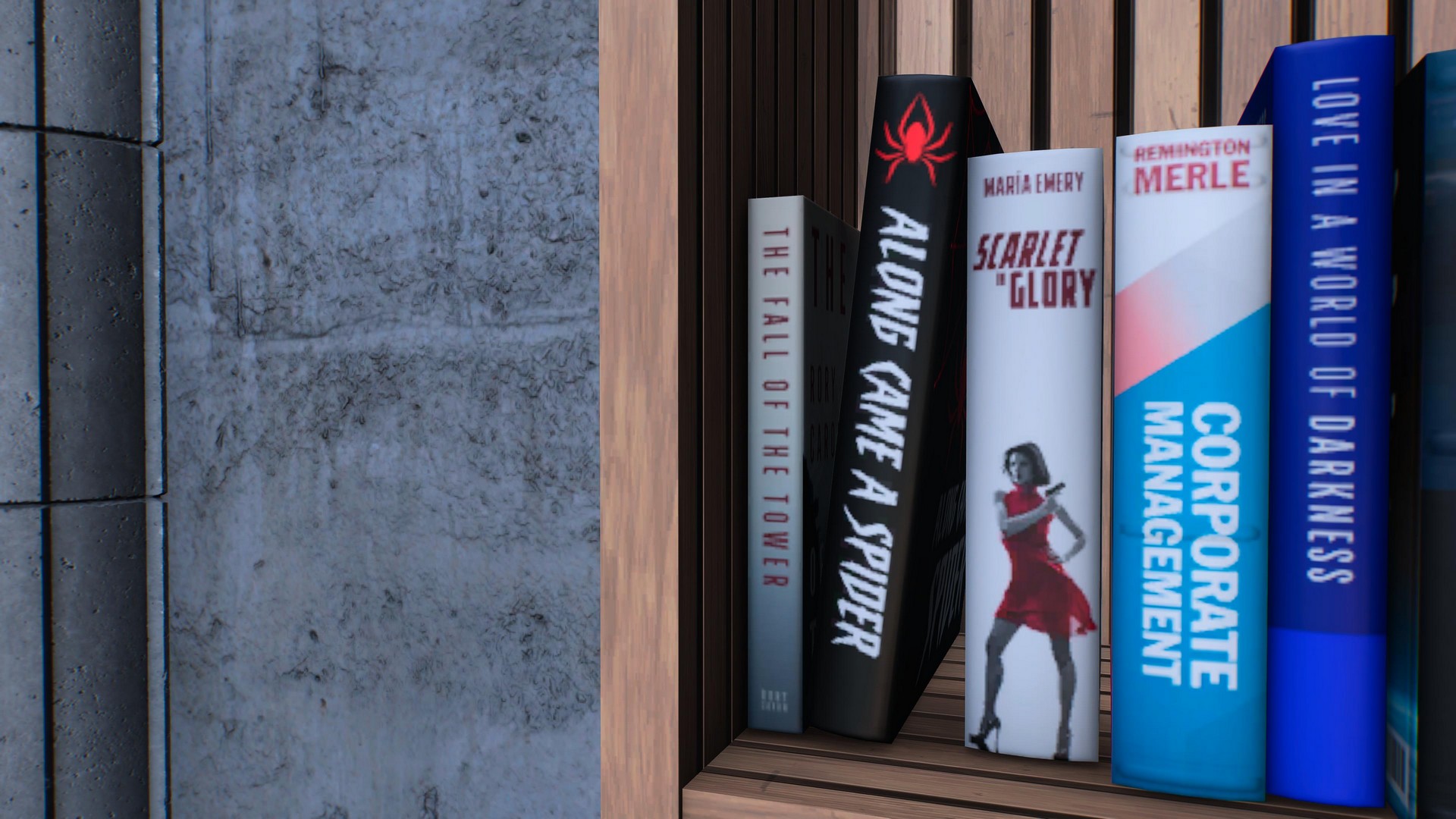 A bookcase in Marvel's Wolverine showing the black Along Came A Spider book in the Spider-Man font