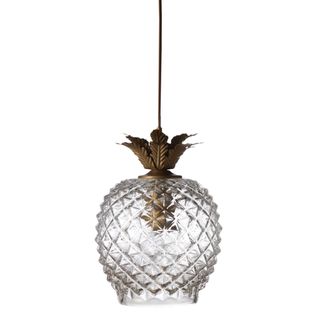 Zeus pineapple pendant light features gold leaves nestled against the sculpted glass body