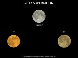 Astrophotographer Giuseppe Petricca sent in a composite image of three views of the supermoon taken on June 23/24, 2013, in Pisa, Tuscany, Italy.