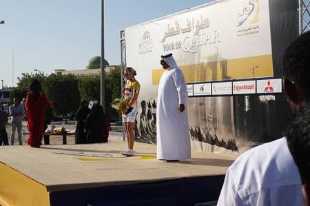 Rochelle Gilmore on the podium at the Tour of Qatar.