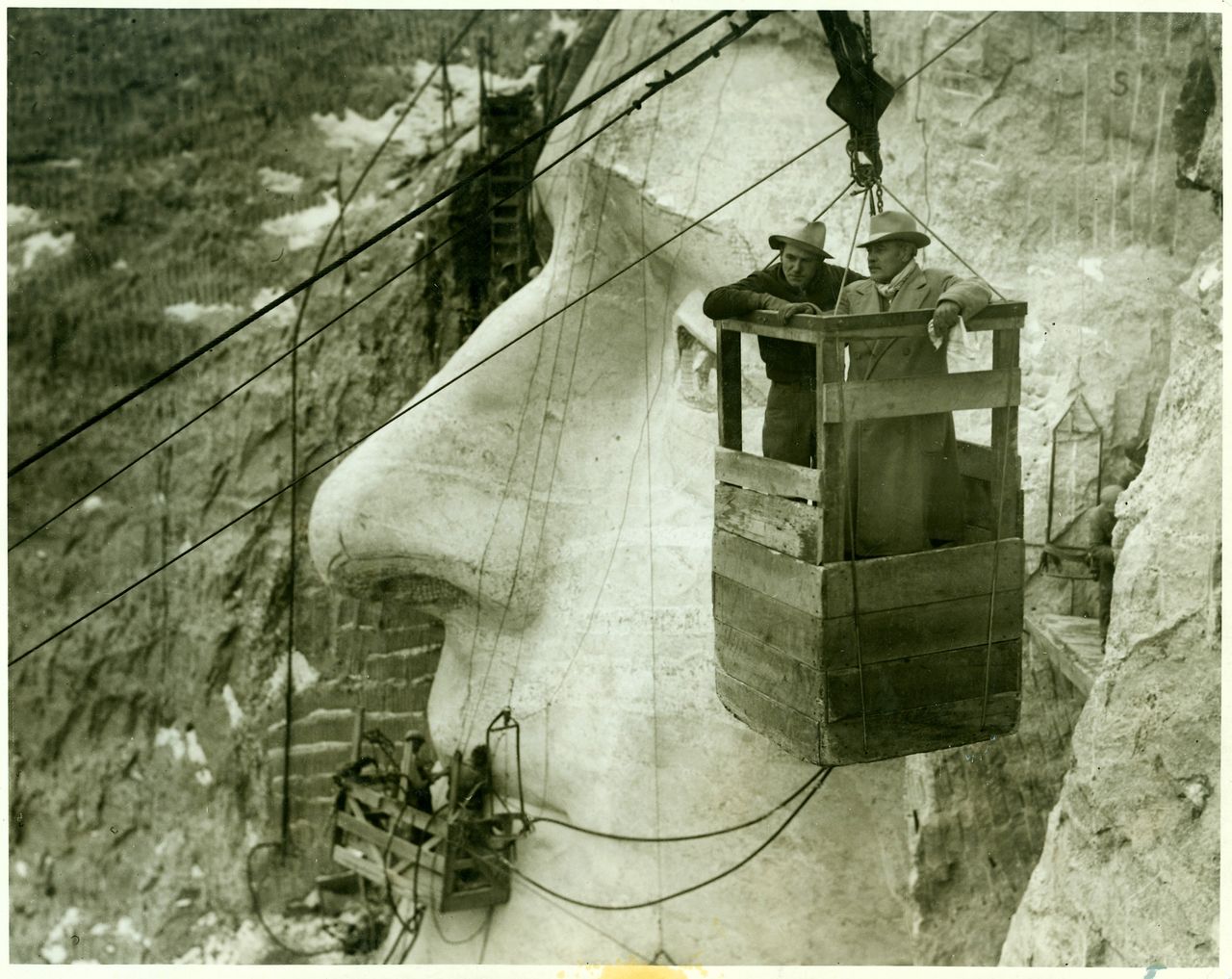 Guzman Borglum and his son, Lincoln, use the tramway.