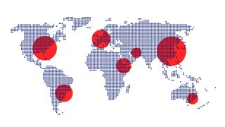 A pixelated world map with red circles to indicate state-sponsored cyber attacks by hacking groups. 
