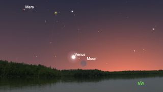 See the crescent moon swing by Venus on the evening of June 11, 2021.