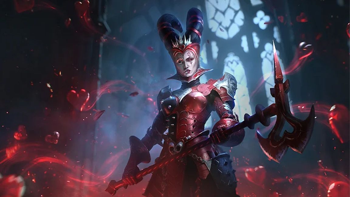 Raid character design tips; a female queen character in red leather armour carrying a large axe