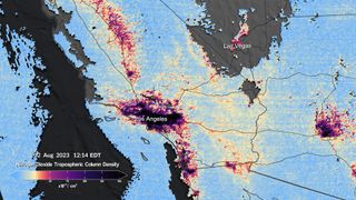 Concentrations of nitrogen oxide in Los Angeles revealed by NASA's new air pollution sensor, TEMPO.