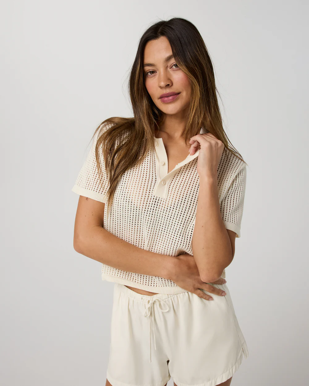 Vuori, Short Sleeve Knitted Mesh Polo - Natural - Xxs