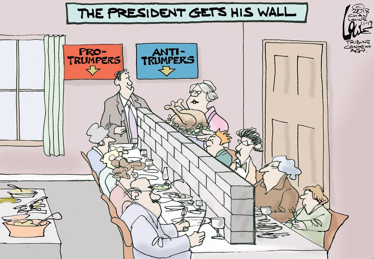 Political cartoon U.S. Thanksgiving dinner Trump supporters build a wall