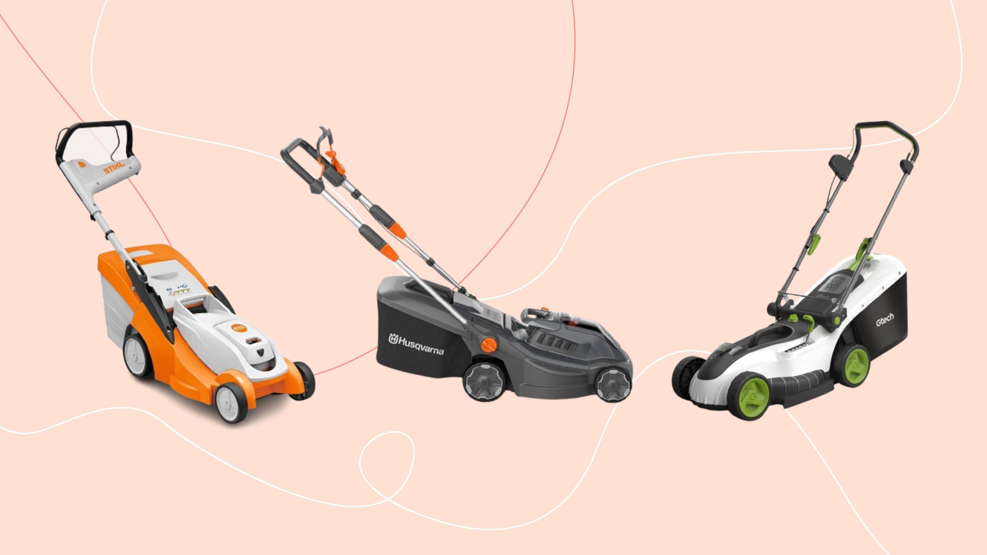 Stihl RMA 239 Cordless Lawnmower, Husqvarna Aspire LC34 P4A Lawnmower and Gtech Cordless Lawnmower CLM50 on pink background