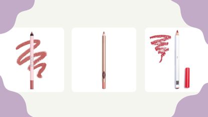 Collage of three of the best lip liners from Kylie Cosmetics, Charlotte Tilbury and UOMA Beauty
