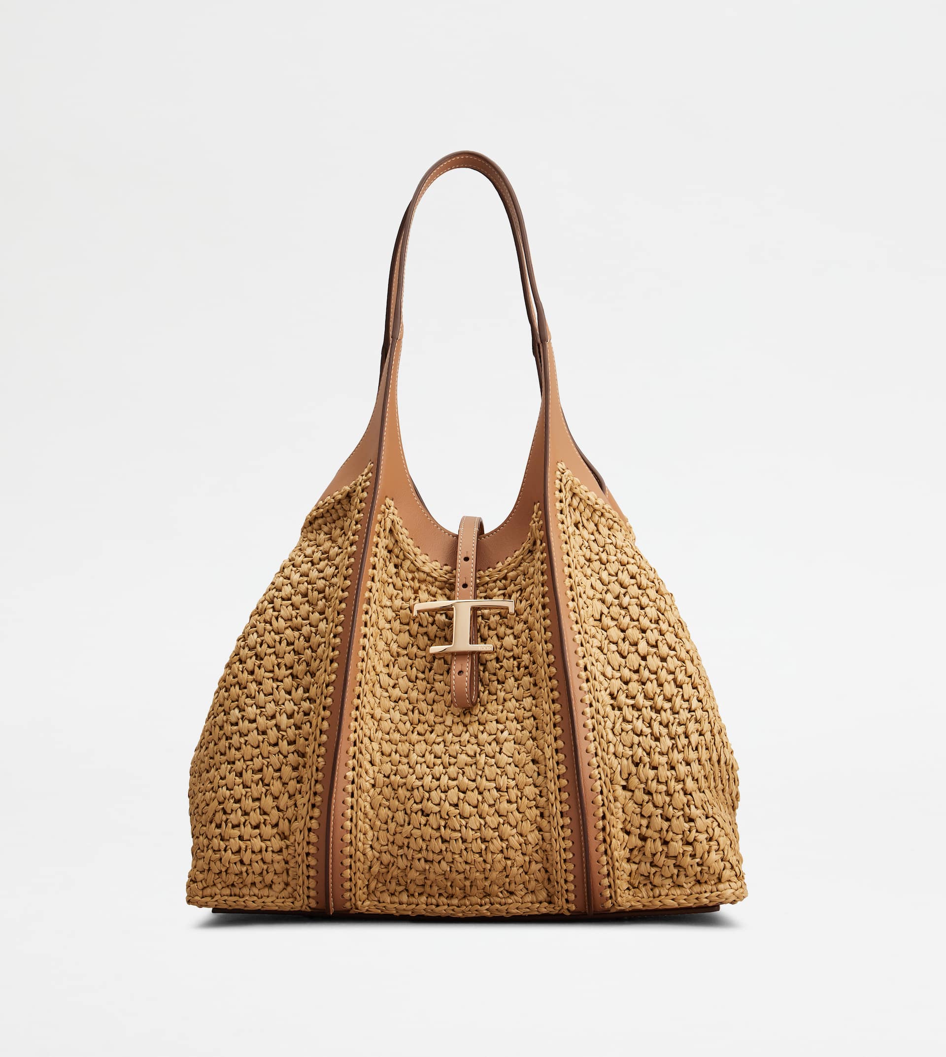 T Timeless Shopping Bag in Raffia and Leather Medium