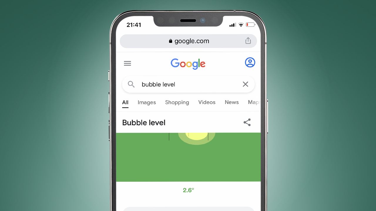 A smartphone on a green background showing the bubble level Easter egg