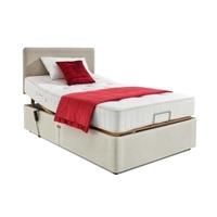 MiBed Hayton Pocket Spring Adjustable Single Divan Bed in cream, top end lifted slightly, with a mattress and red blanket and cushion on top