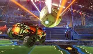 A car goes for a goal in Rocket League